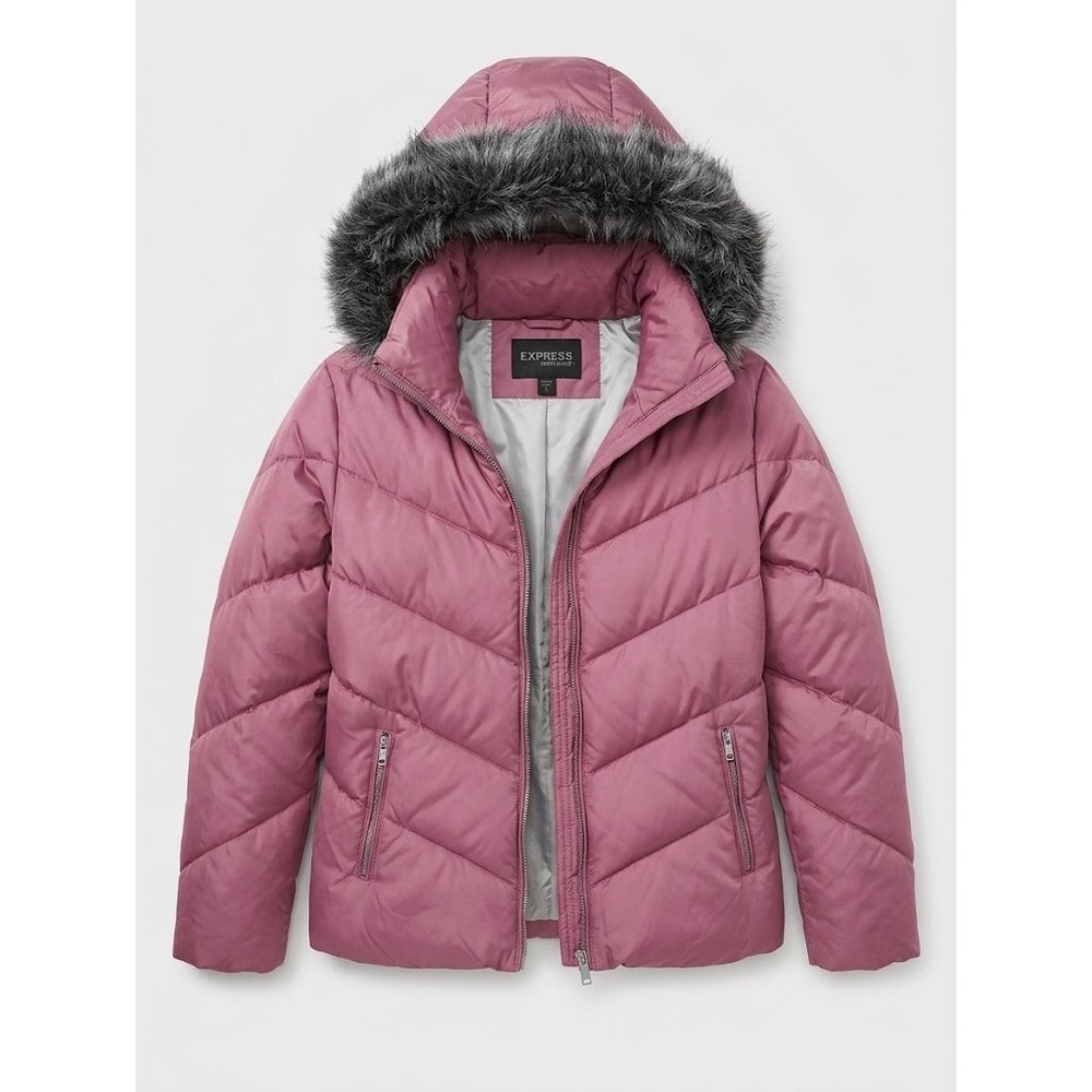 Vintage Express World Brand Mauve Pink Down Puffer Jacket Faux Fur Hood Sz L